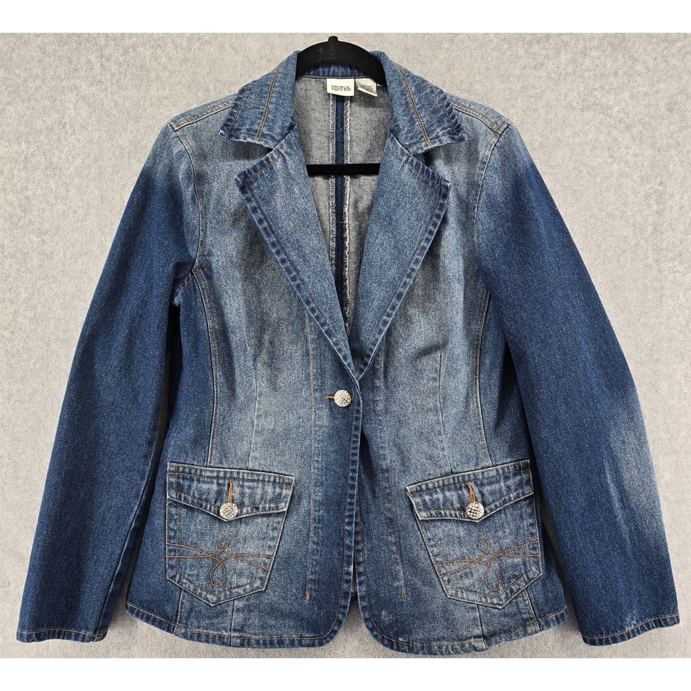 Vtg Y2K Together Denim Blazer Jacket Sz 14‎ Blue Bling Button Pockets Western